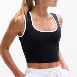 NWT ATHLETA RENEW SEAMLESS NOVELTY TIPPED CROP, NAVY/White, XS